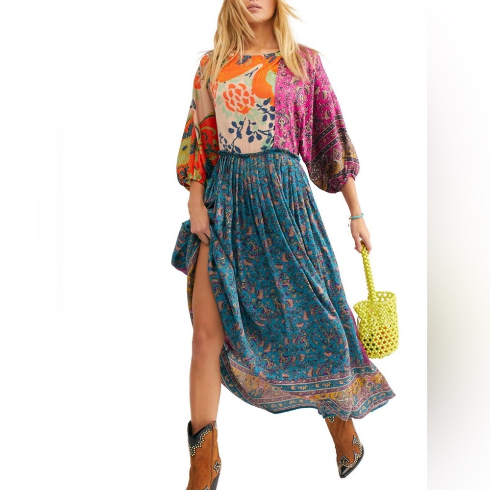 NWT Free People boho maxi dress - silky fabric, luxe patterns & vibrant colours
